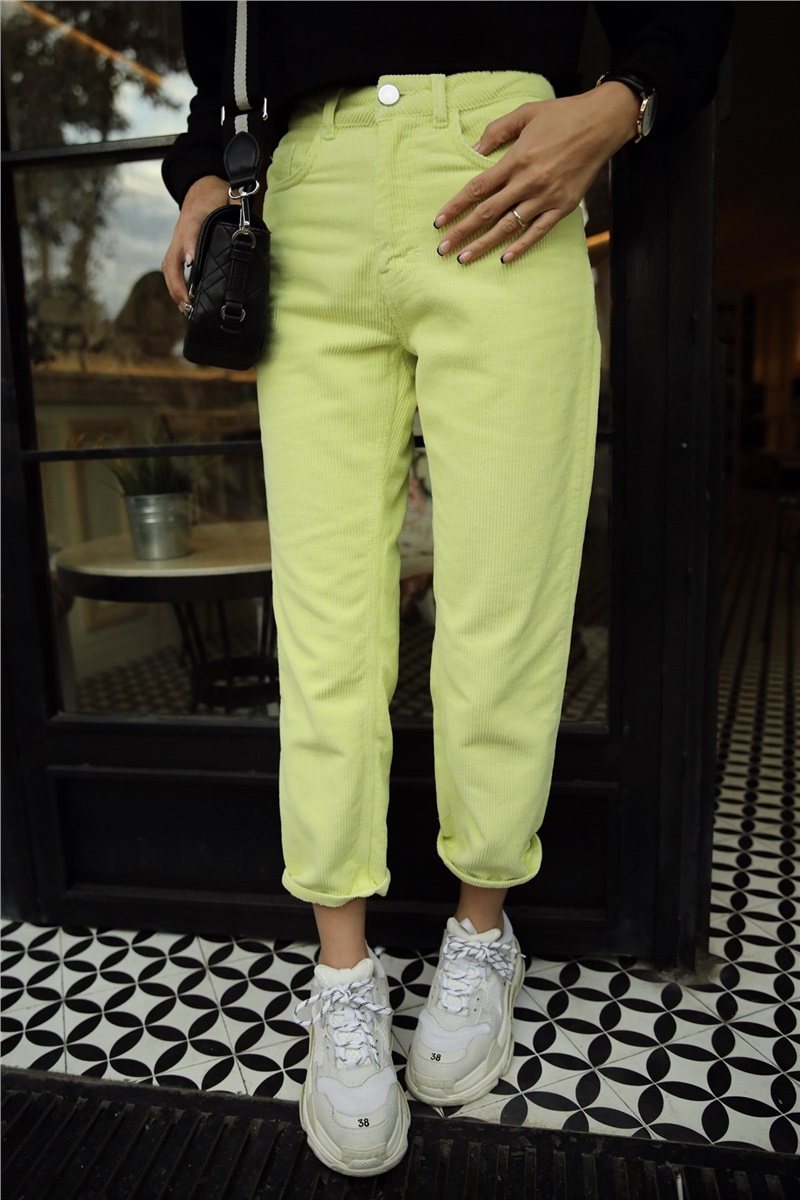 Piyango Sisli Orantılı  Neon Sarı Yeşil Kadife Pantolon - HAVOŞ