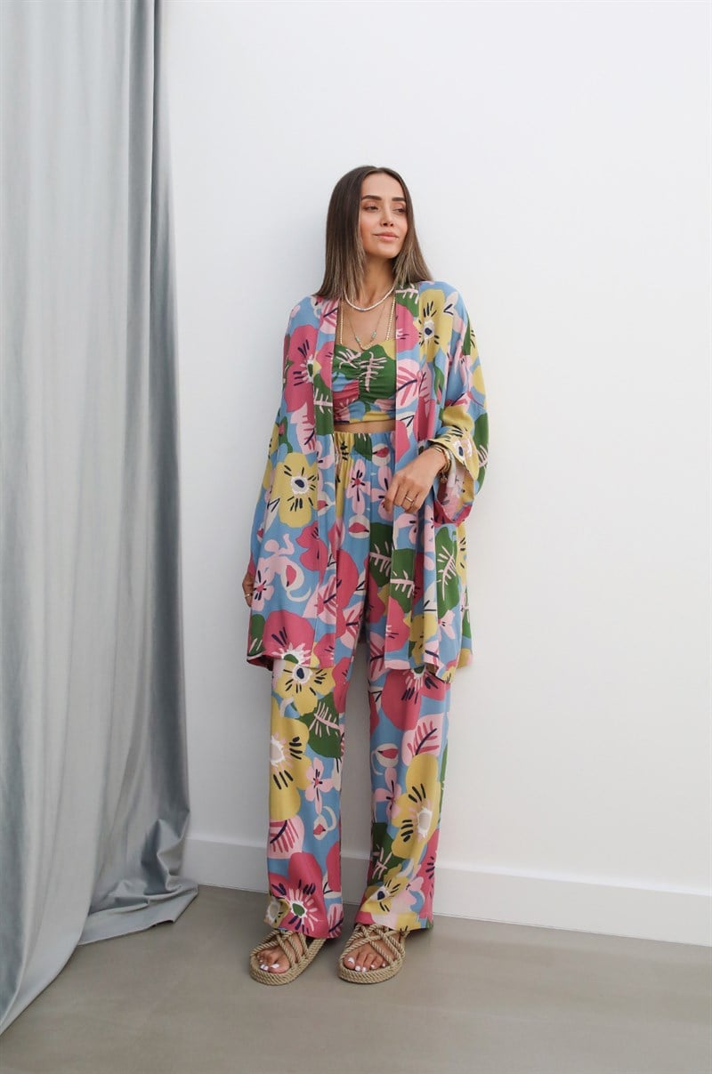 Çok Renkli Pantolon Büstiyer Kimono Takım
