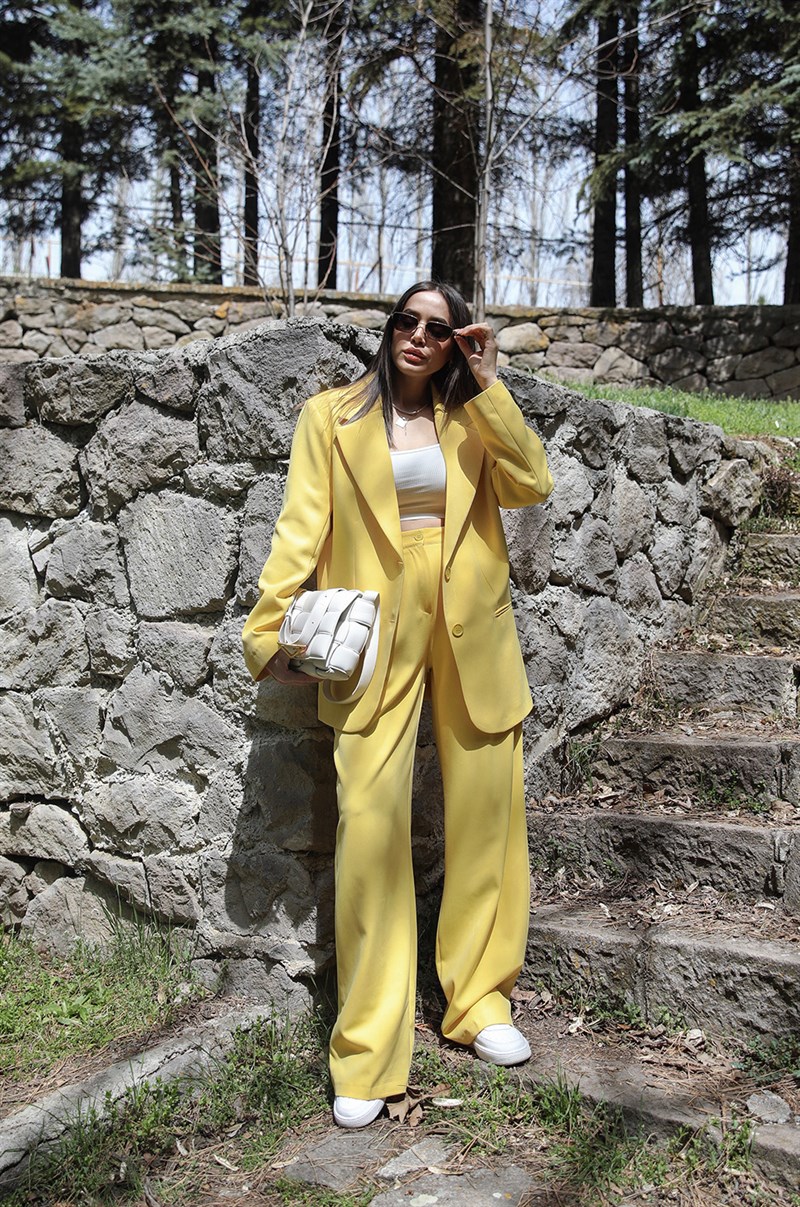 Sarı Palazzo Pantolon Blazer Takım