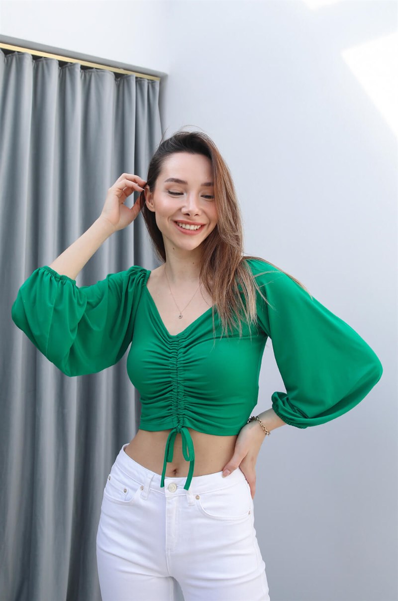 Yeşil Önü Büzgülü Bluz