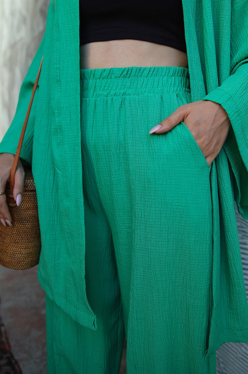 Yeşil Pantolon Kimono Gofre Takım