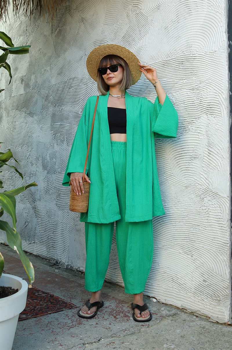 Yeşil Pantolon Kimono Gofre Takım